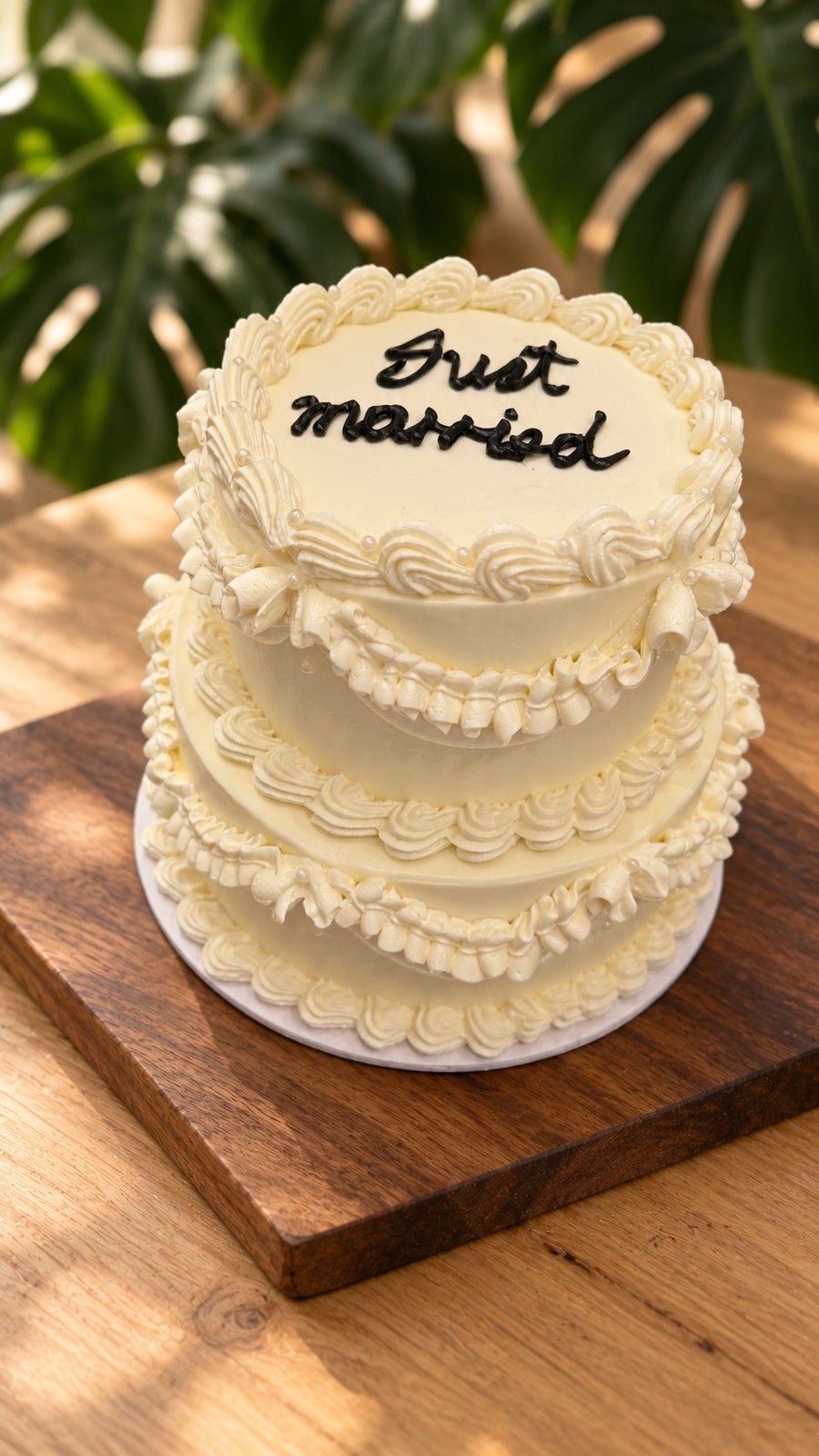 Wedding Vintage Piping Cake with ivory piping and Just married lettering
